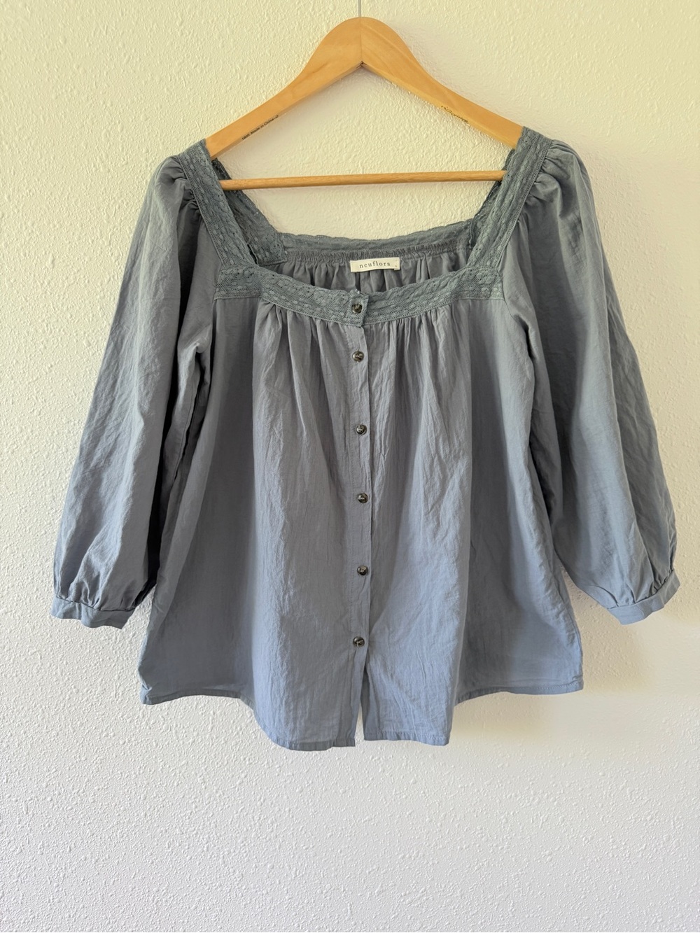 Neuflora Evanston Blouse Grey Blue Crochet Square Neck Cottagecore Top Small
